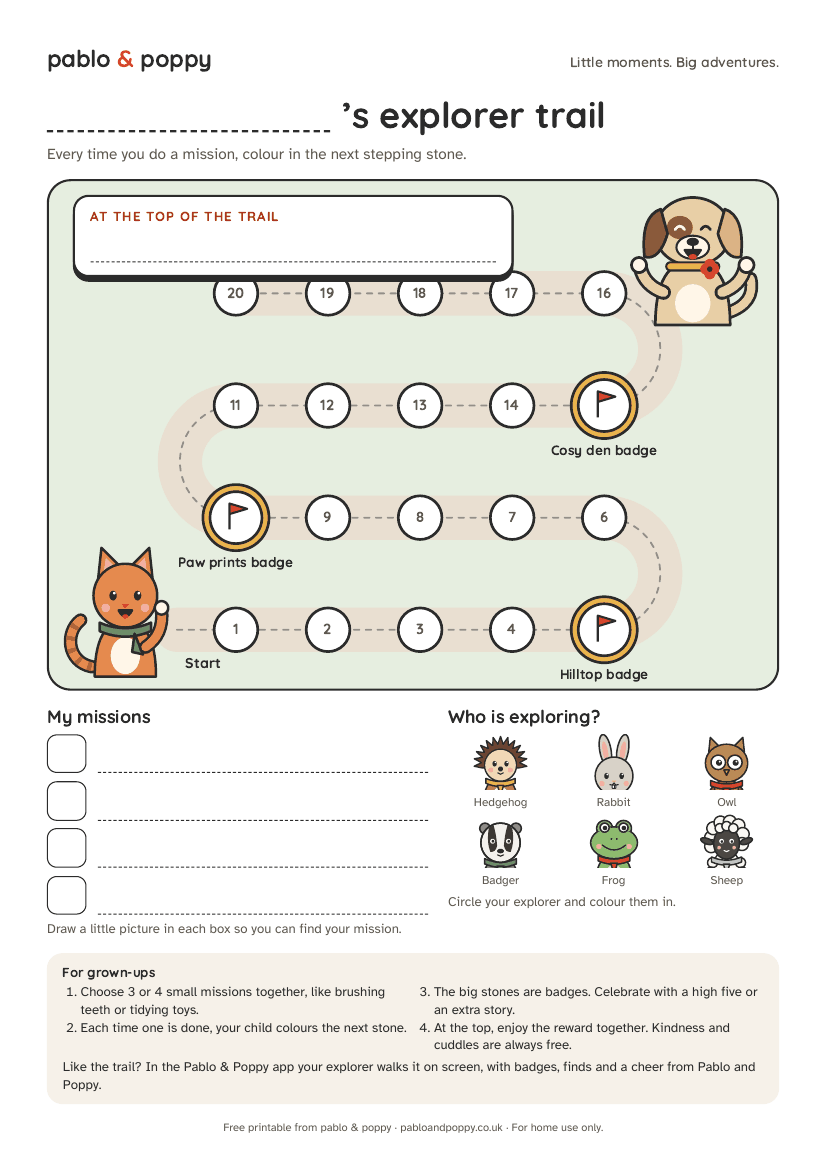 The free chart: a winding trail of 20 stepping stones with three badge stones, Pablo the cat waving at the start, Poppy the dog cheering at the top beside a box for the reward, four mission lines and six explorers to colour in.